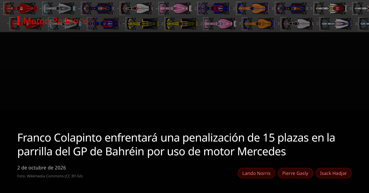 Franco Colapinto enfrentará una penalización de 15 plazas en la parrilla del GP de Bahréin por uso de motor Mercedes